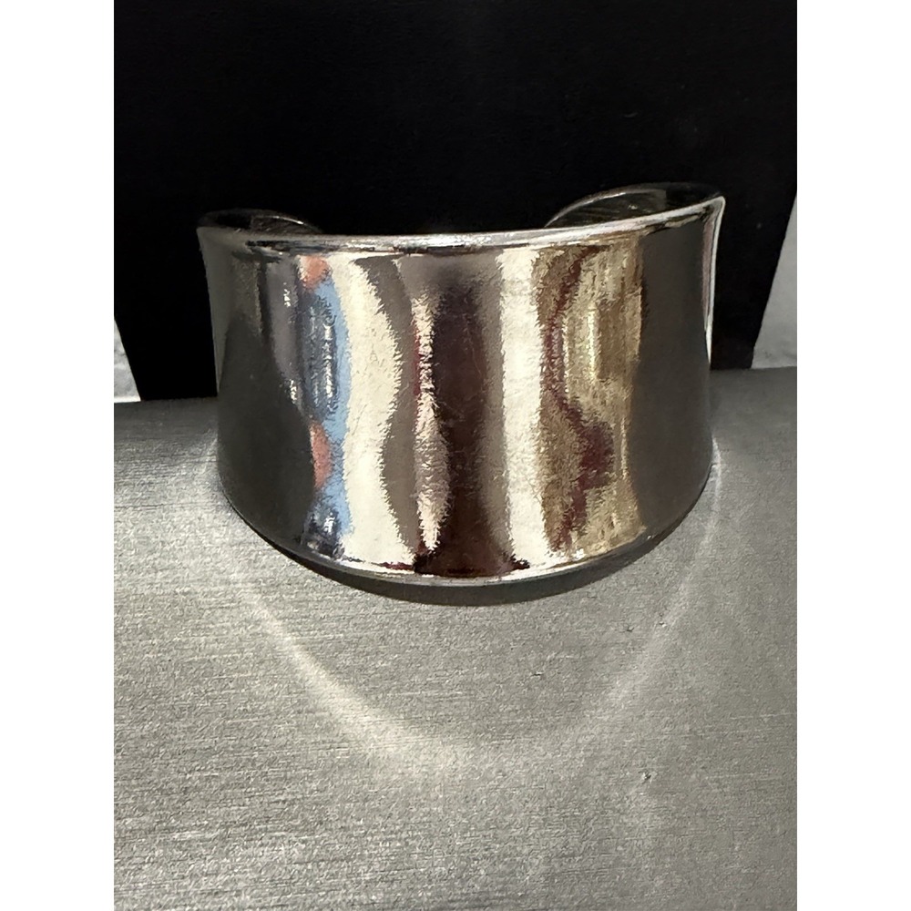 Silver Tone High Polish Wide Cuff Bracelet Sculptural Statement 7" x 1.5" Wide